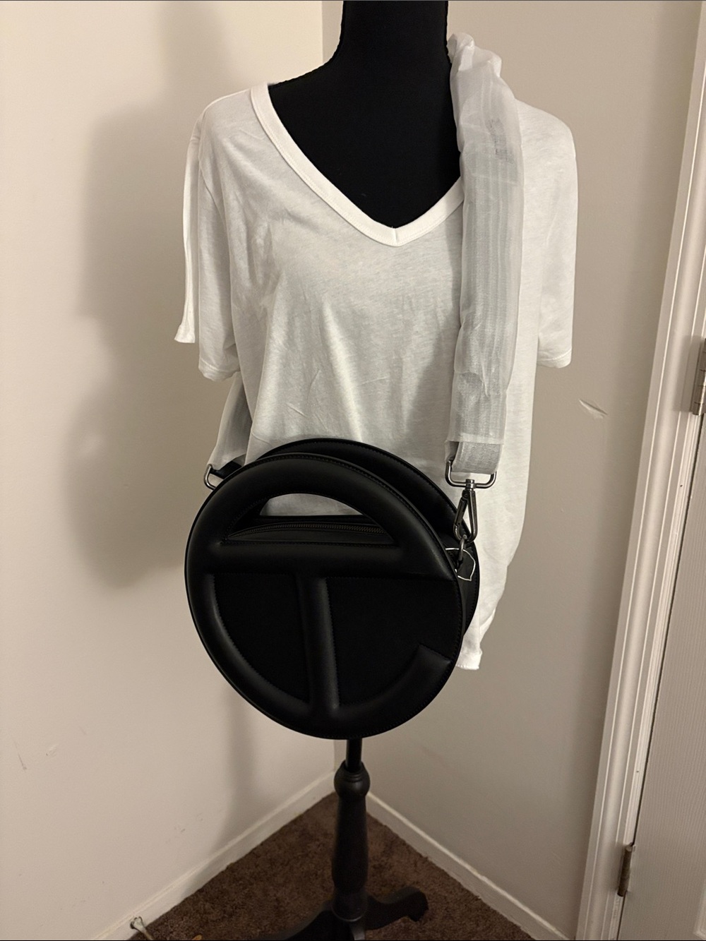 Telfar Black Round Leather Crossbody with Wide Strap
